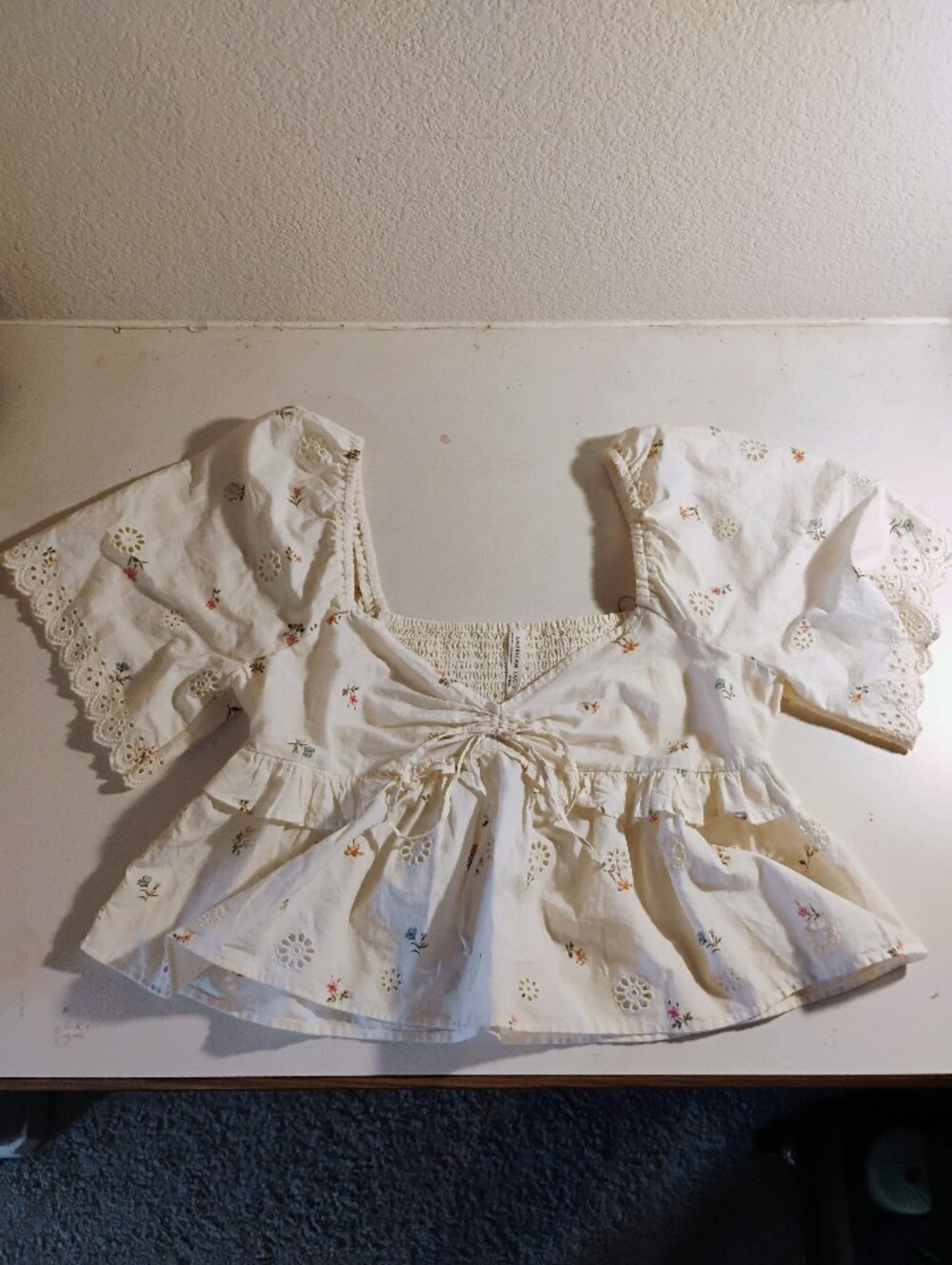 American Eagle Outfitters Cream Eyelet Peplum Blouse with Floral Accents